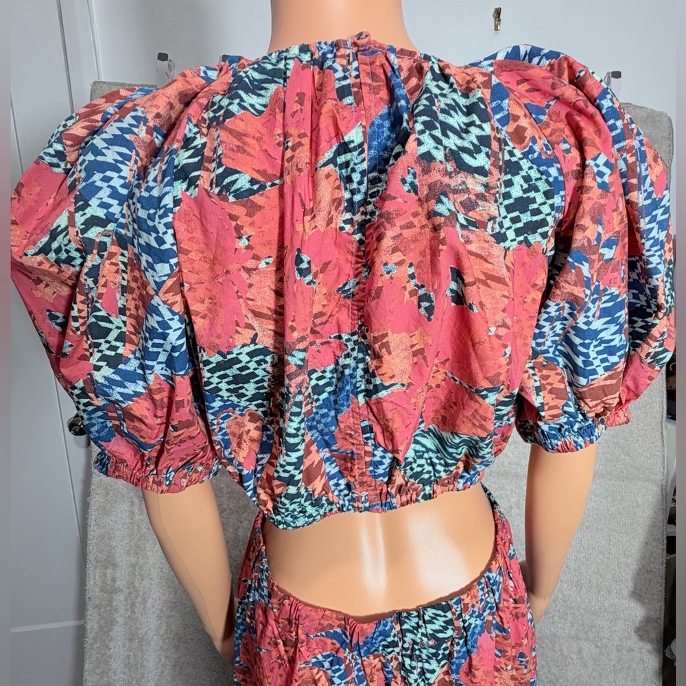 Ulla Johnson Coral and Blue Asymmetrical Floral Midi Dress - Picture 5 of 16